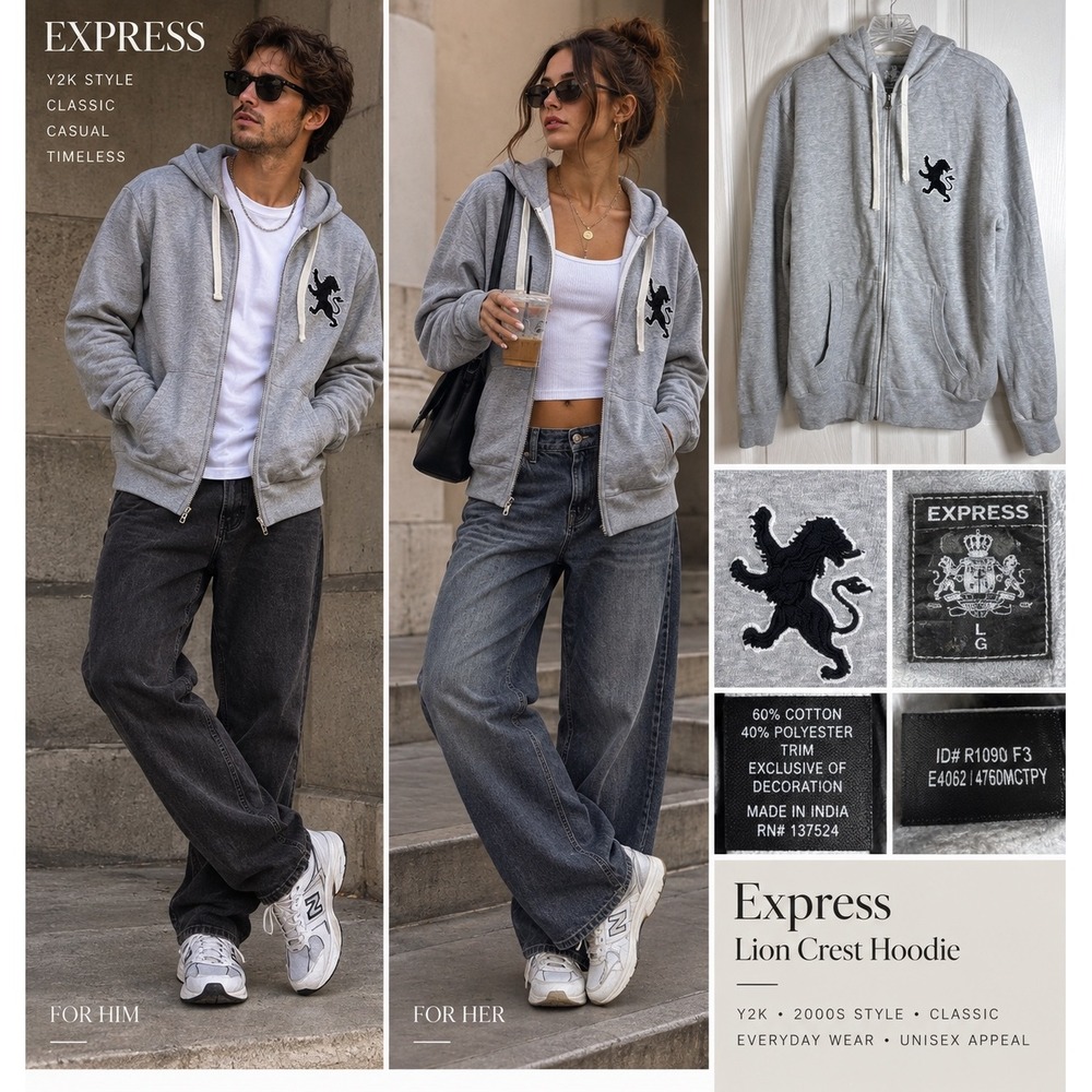 Express Lion Crest Hoodie Gray Full Zip Y2K 2000s Preppy Streetwear Sweatshirt